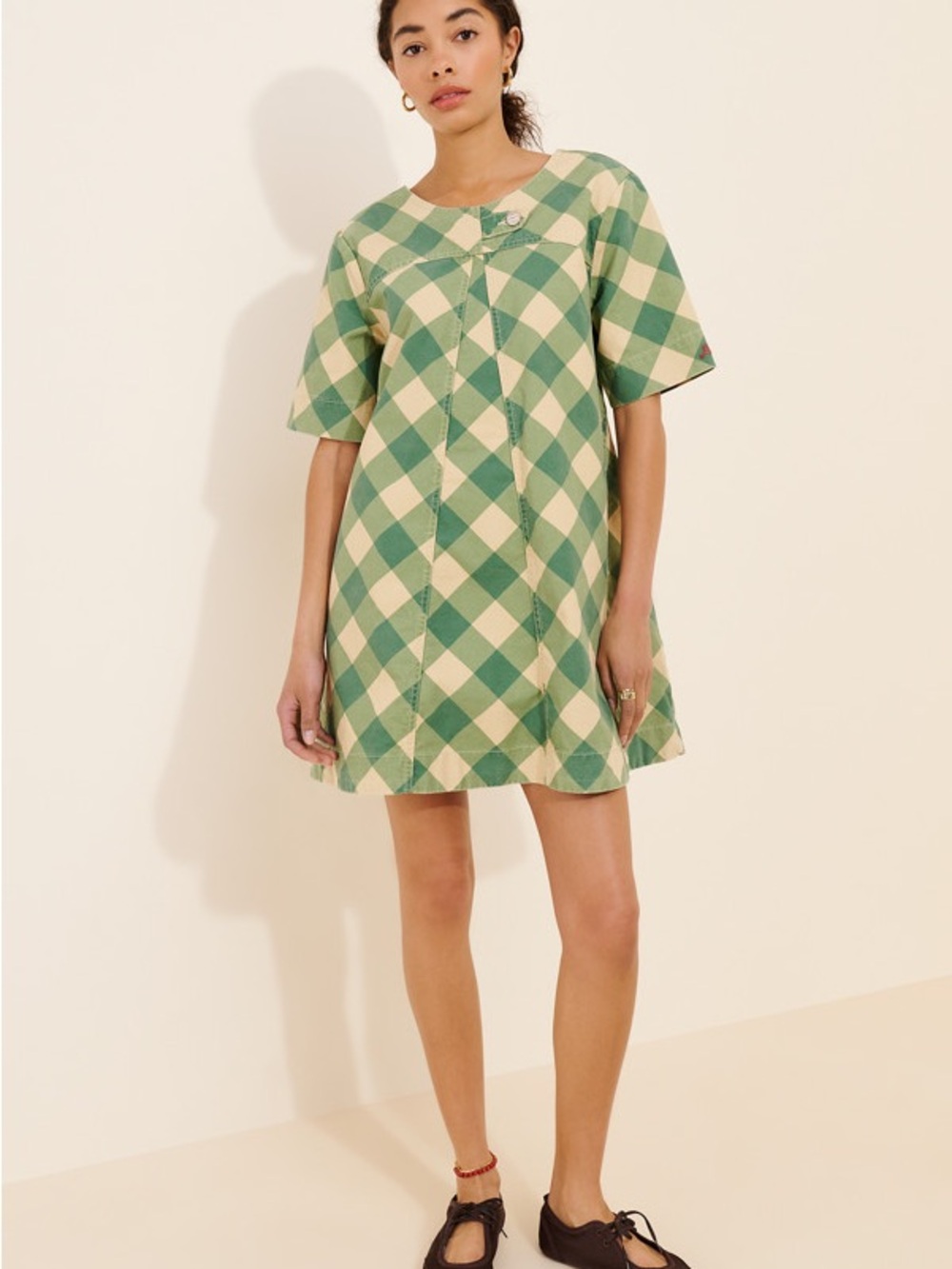 Damson Madder 100% COTTON Green Check Mini Dress - Short Sleeve Shift